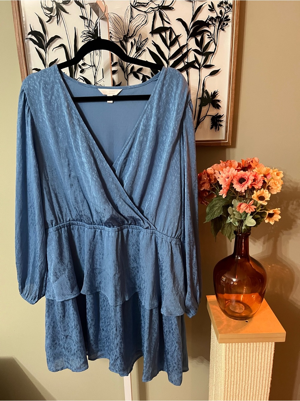 LC Lauren Conrad Blue Floral Tiered Ruffle Skirt V-Neck Surplice Midi Dress XXL